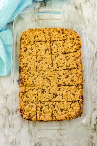 peanut butter fudge bars sliced in a pan.