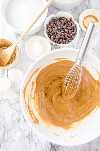 Peanut butter chocolate chip cookie dough being mixed up in a large bowl.