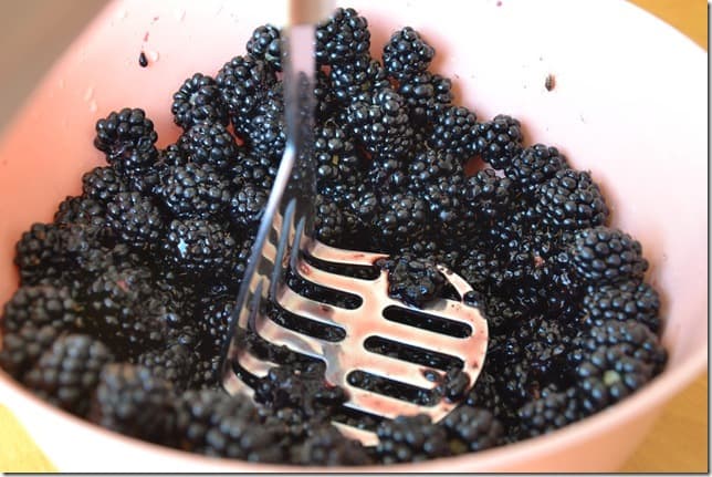 Mashing blackberries in a mixing bowl before canning jam.