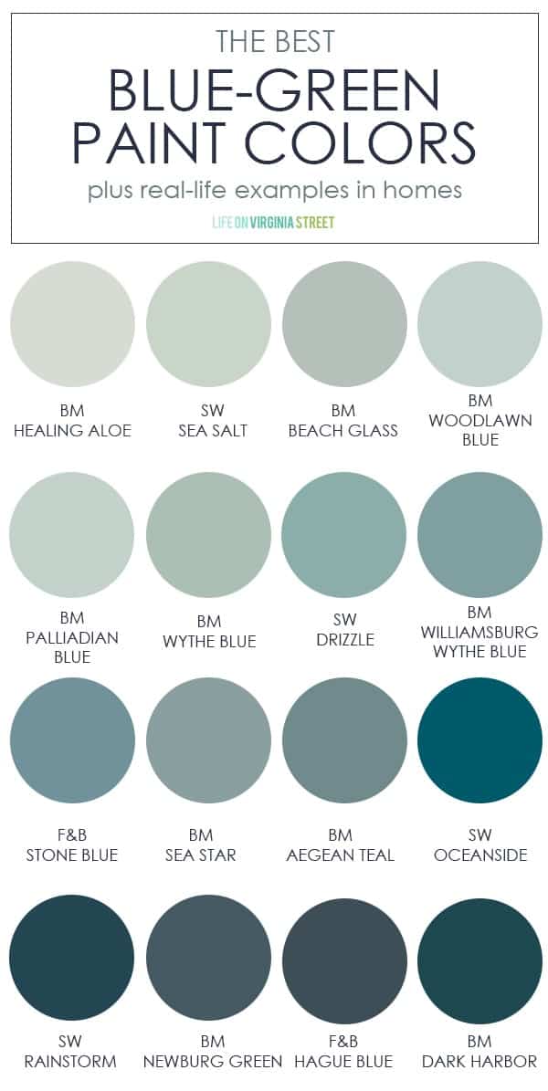 an infographic of popular blue-green paint colors - some of which are perfect for a coastal color palette
