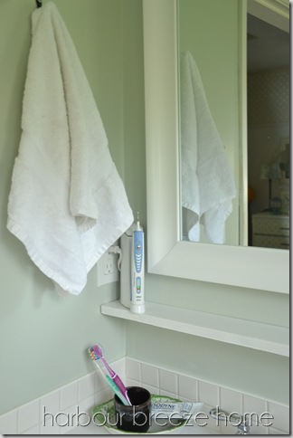 a bathroom hand towel hanging on a hook above the bathroom sink.