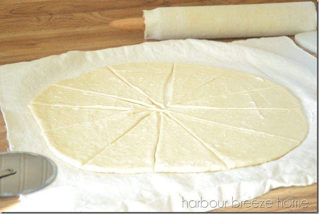 A round of dinner roll dough rolled out thin and cut into 12 triangle shaped portions.