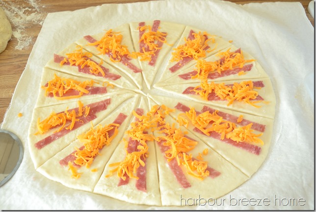 Triangle shapes of dinner roll dough with cut up pieces of deli ham and grated cheese on each one.
