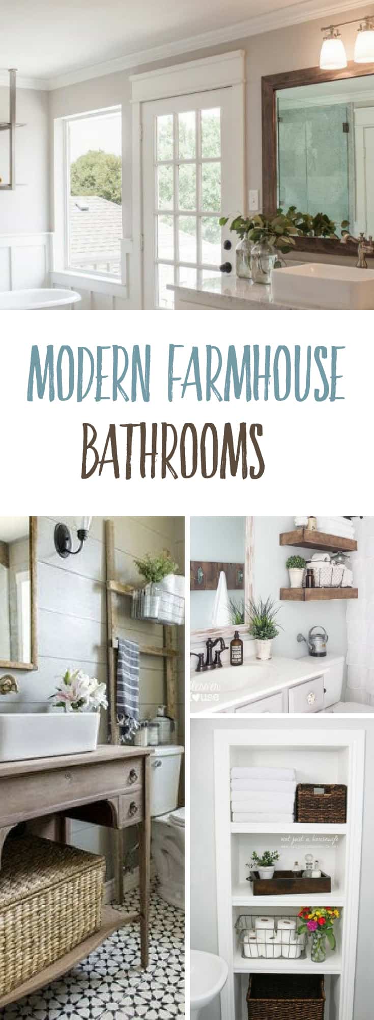 A collage of bathroom designs in the farmhouse style similar to Joanna Gaines bathrooms on the Fixer Upper show.