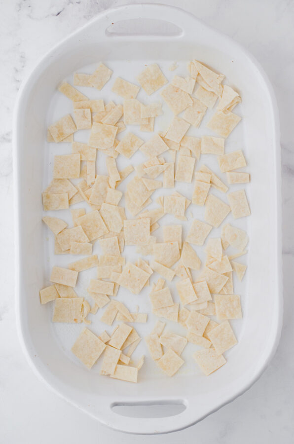 Cut tortillas in the bottom of a 9 x 13 inch baking pan