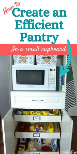 Pantry organization for a small kitchen with DIY pull out shelves.