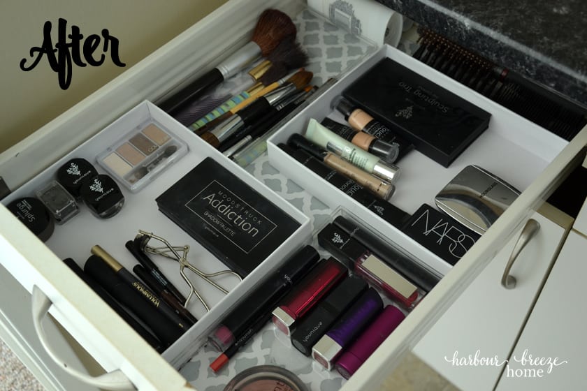 picture of makeup organized neatly in boxes in a drawer