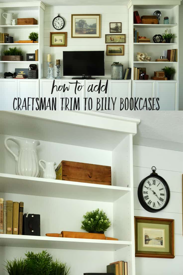 Billy Bookcase system on a wall with a tv in the middle and farmhouse style decor around it.