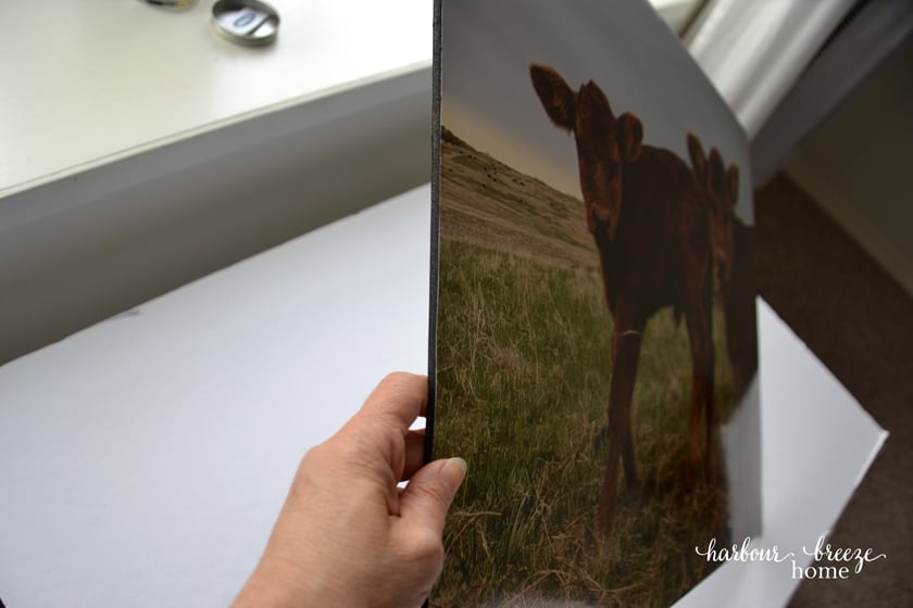 Trimmed edges of black foam board after a photo has been mounted on it.