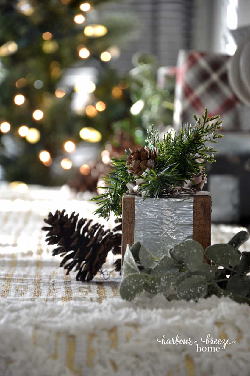 Farmhouse Christmas Decor | Wood block gift with metal ribbon