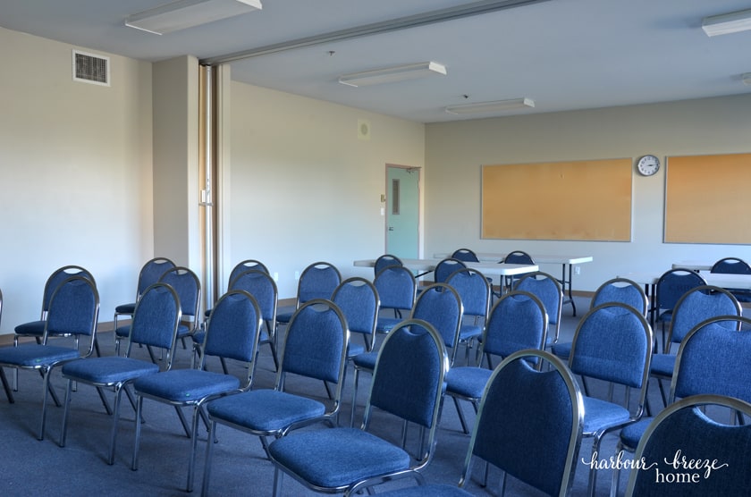 A freshly painted classroom with chairs for students