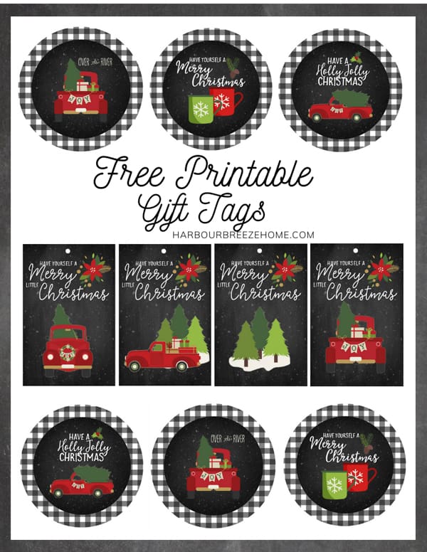 collage of printable red truck christmas gift tags