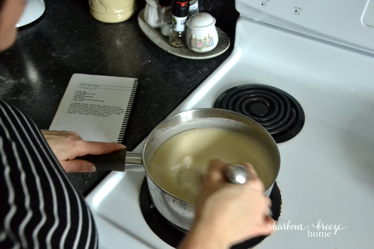 Stirring heated ingredients on a stovetop for chocolate fudge