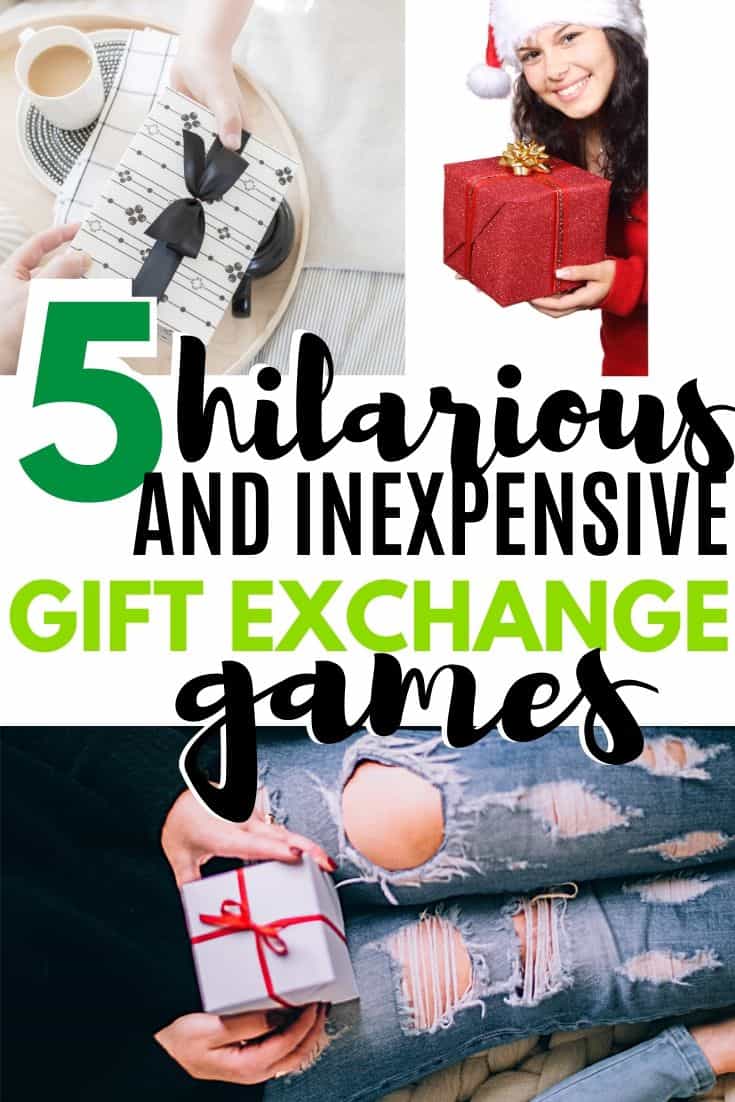 Collage of gifts with the text "5 Hilarious and Inexpensive Gift Exchange Games"