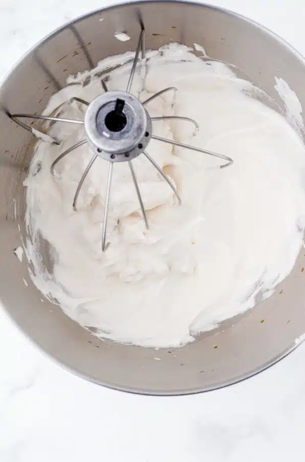 A meringue in a mixing bowl.