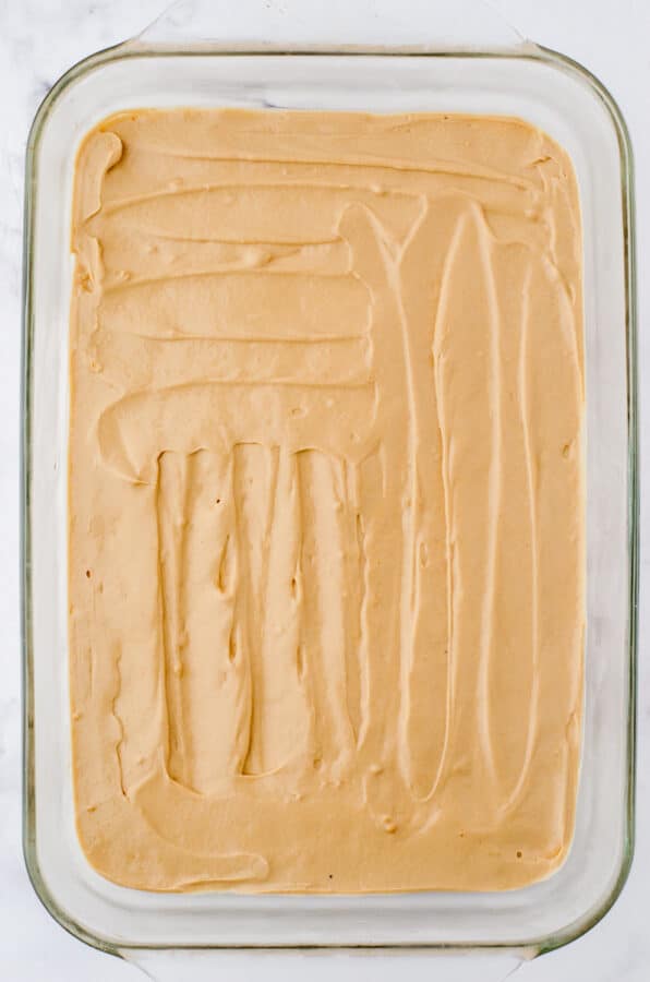 Cappacino layer in a 9x13 pan of a mocha dessert recipe.