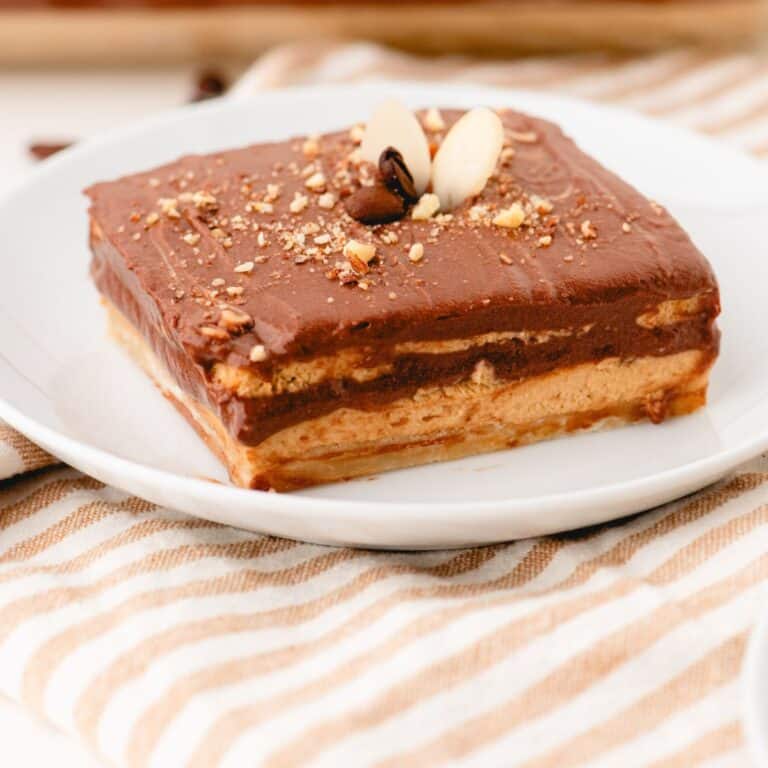mocha dessert on a dessert plate.