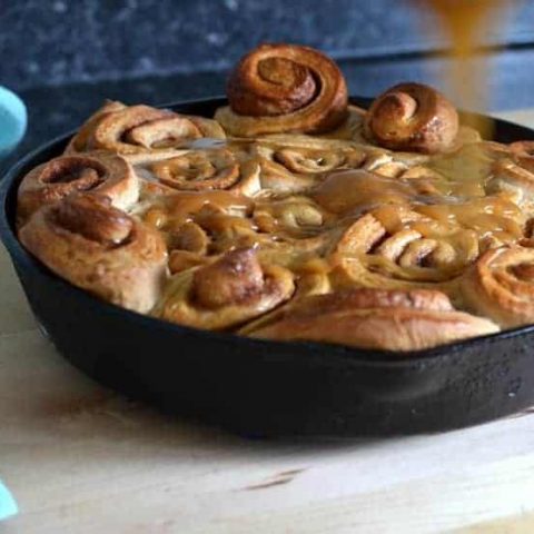Cast Iron Skillet Cinnamon Rolls with Caramel Topping