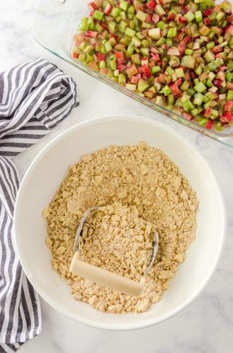 Rhubarb crisp oatmeal topping in a bowl with a pastry blender in it.
