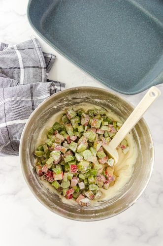 Rhubarb that has been added to cake batter for rhubarb coffee cake