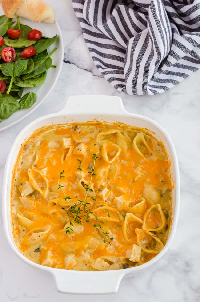 leftover turkey casserole recipe - baked in a white baking dish