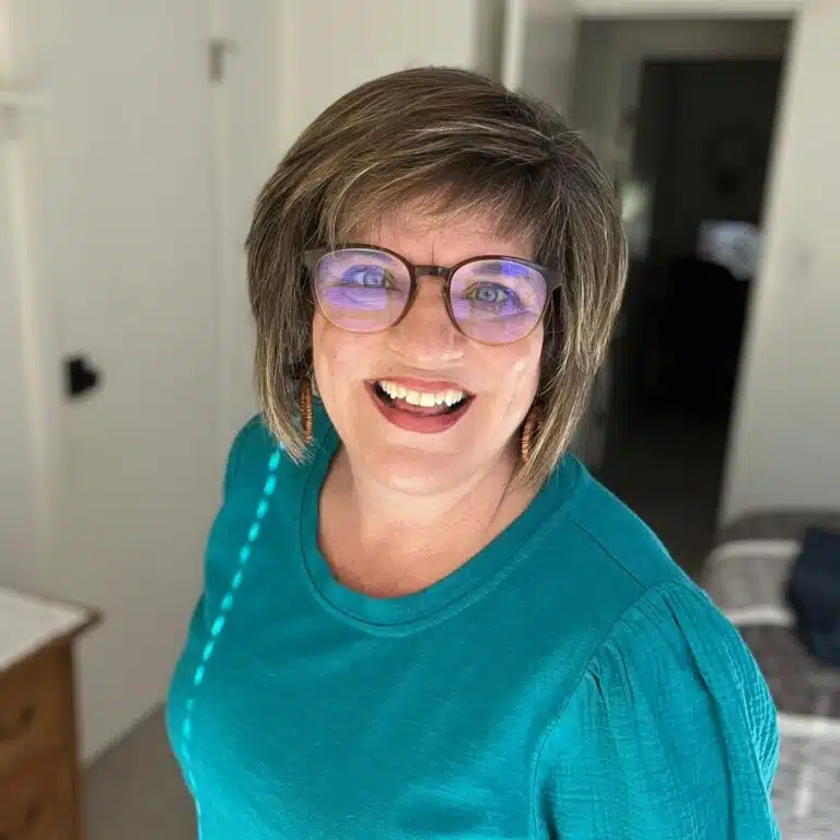 woman in aqua blue tshirt with puff sleeves from Walmart