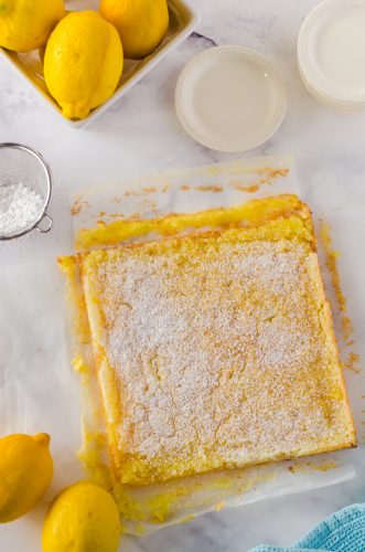 Lemon bars after they have been baked and cooled, and removed from the pan.