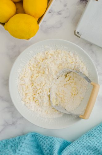 The shortbread crust ingredients mixed together in a bowl with a pastry blender on top.