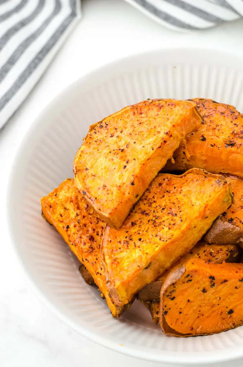 Close up of oven roasted sweet potatoes.