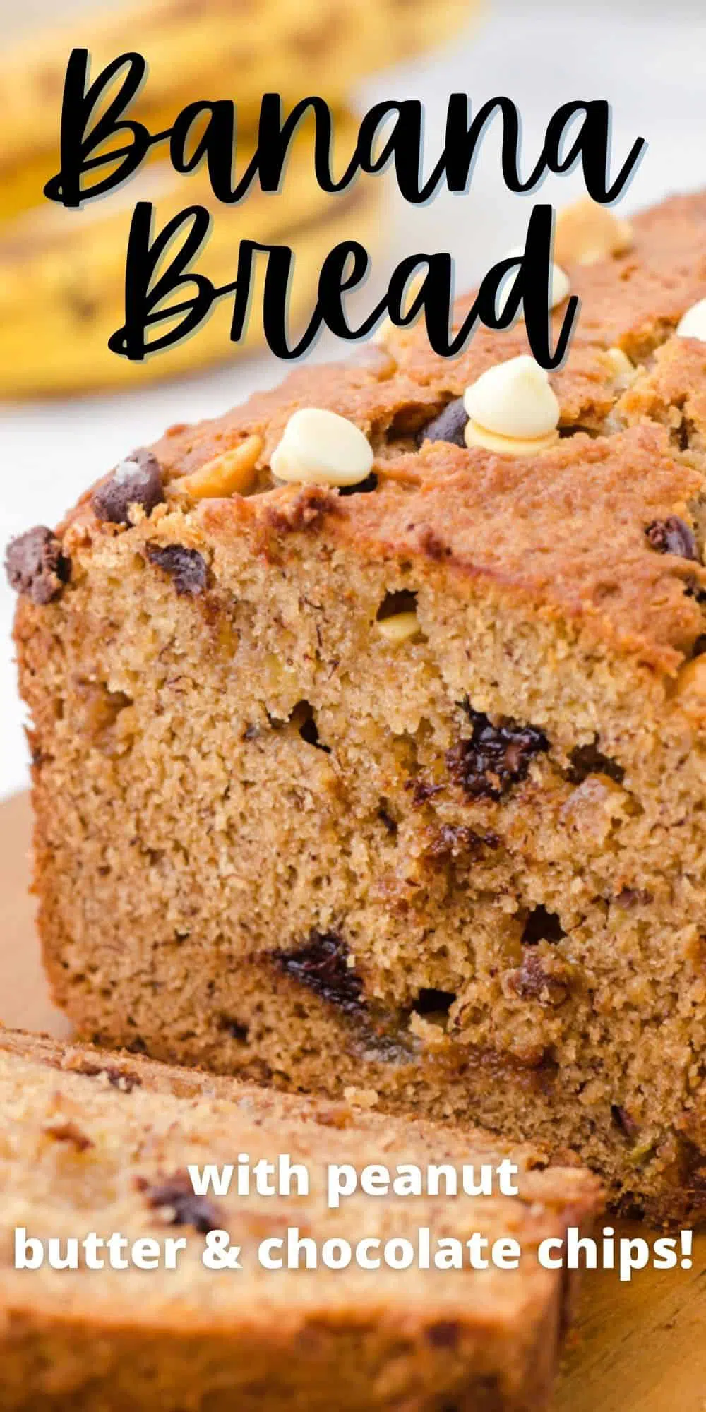 Chocolate Chip Banana Bread with peanut butter sliced on a cutting board.