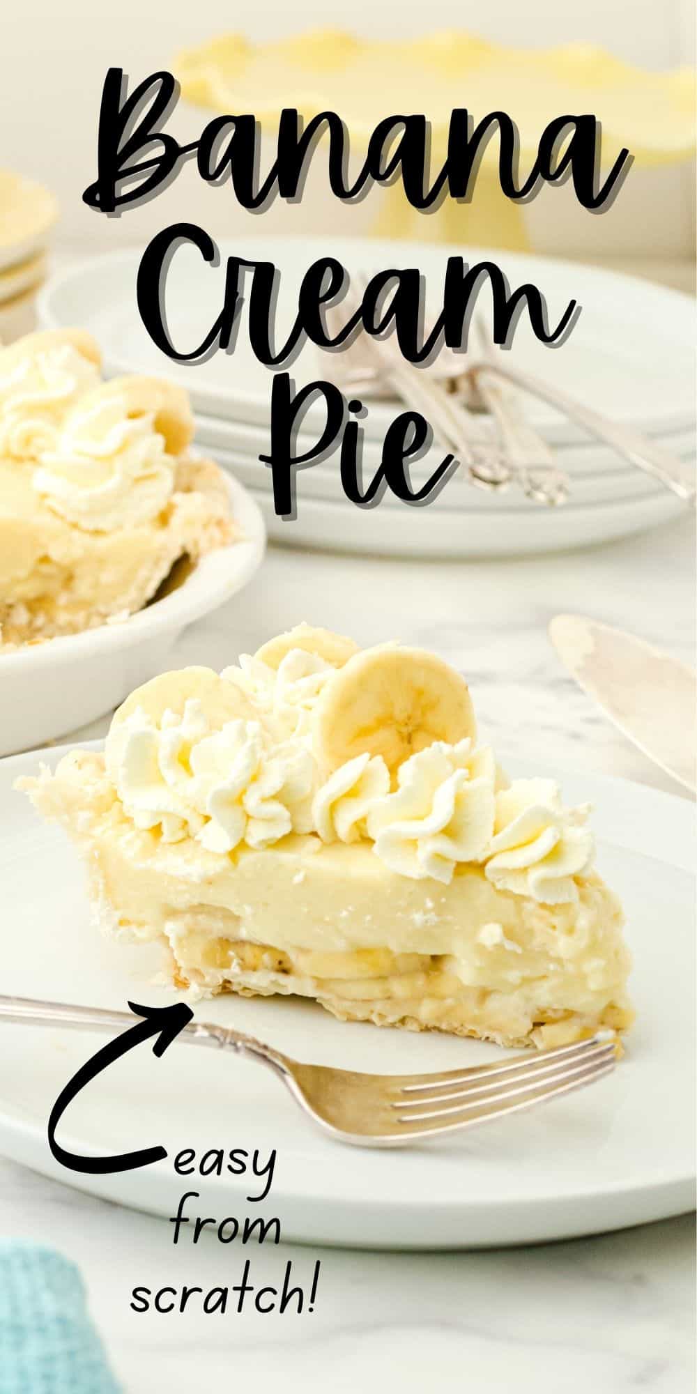 Banana Cream Pie with pudding - also known as banana pudding pie- on a plate with a fork