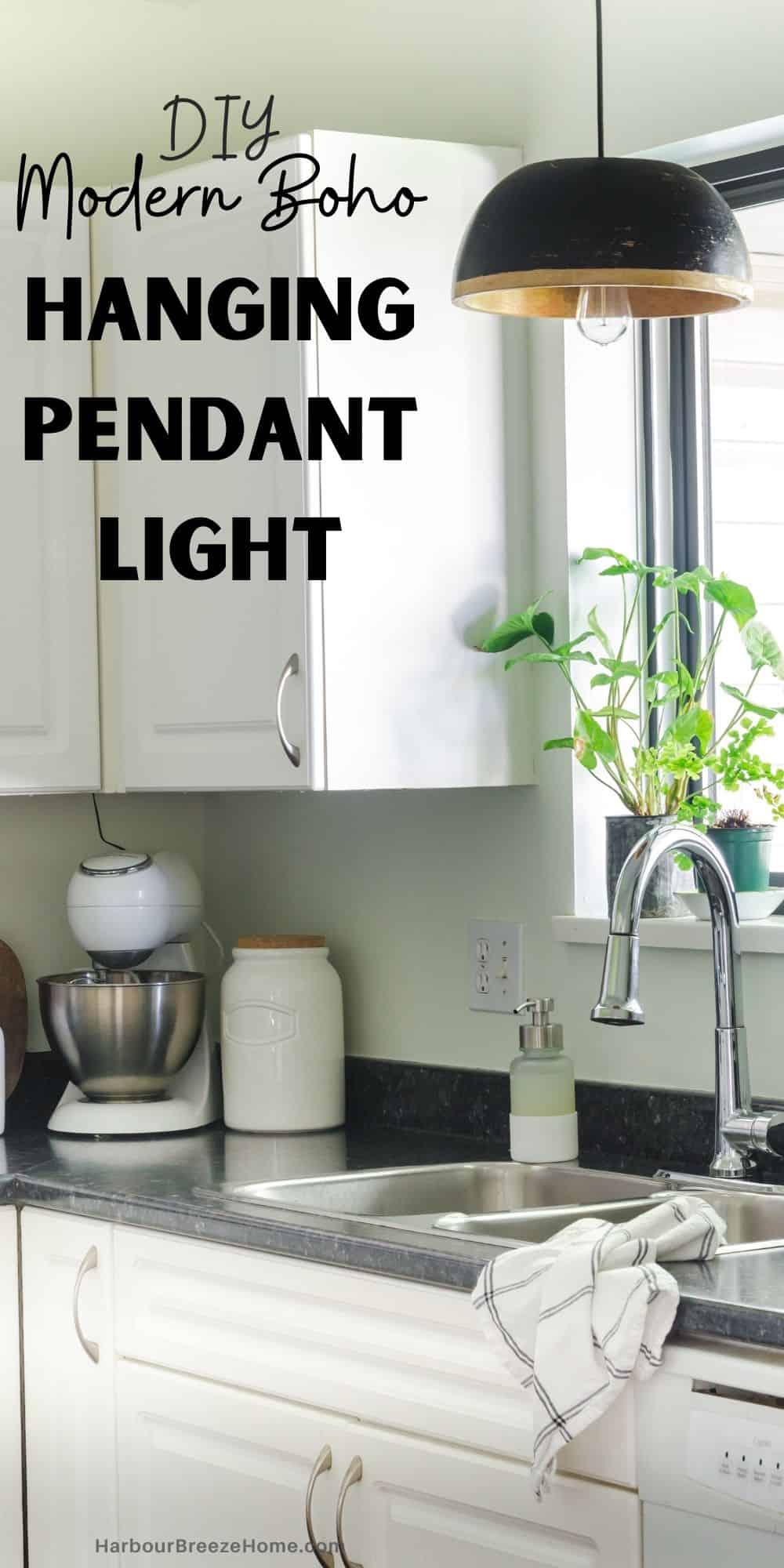 DIY kitchen pendant light for above the sink hanging in a kitchen