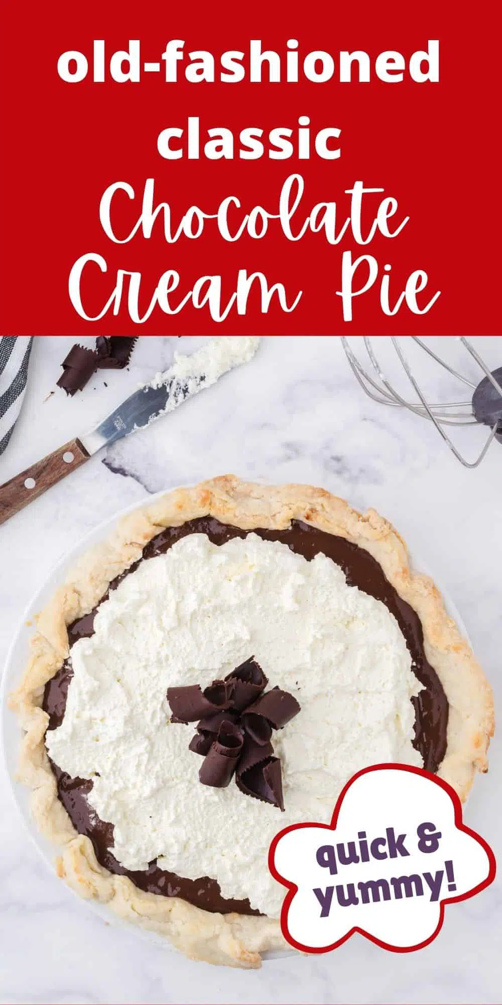 Chocolate cream pie in a pie shell with chocolate ribbons on the top