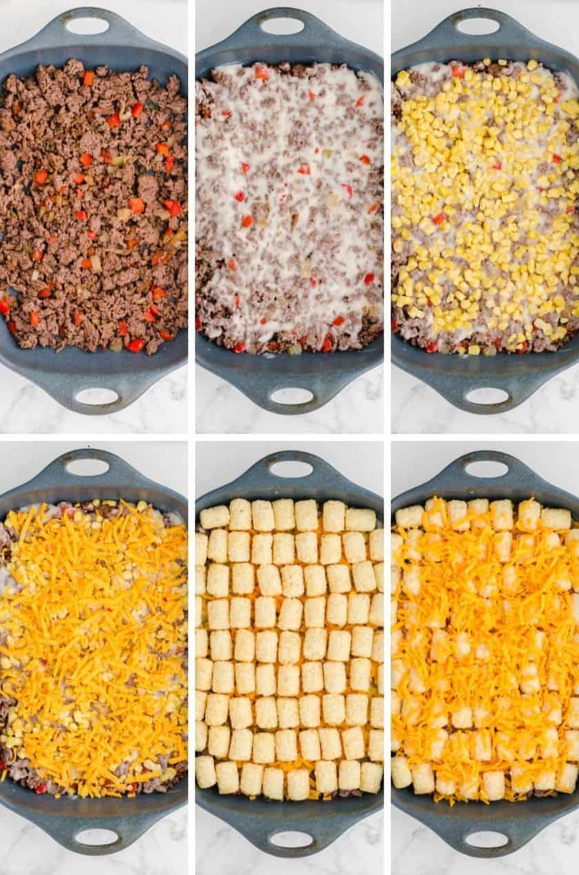 Collage of the layers of easy tator tot casserole being assembled.