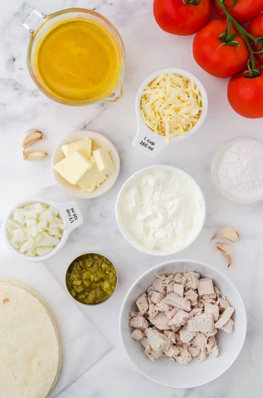 Ingredients for creamy white chicken enchiladas recipe