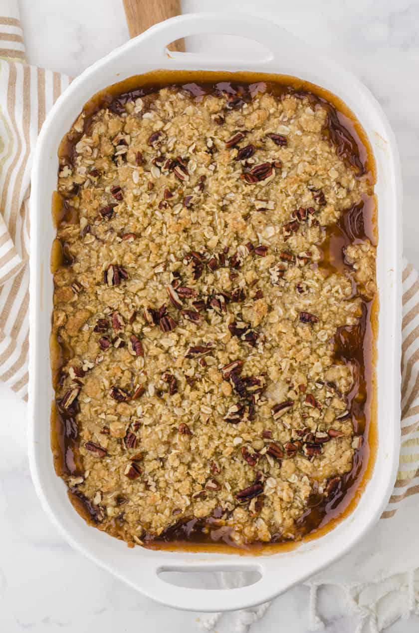 9x13 pan of apple crisp fresh out of the oven.