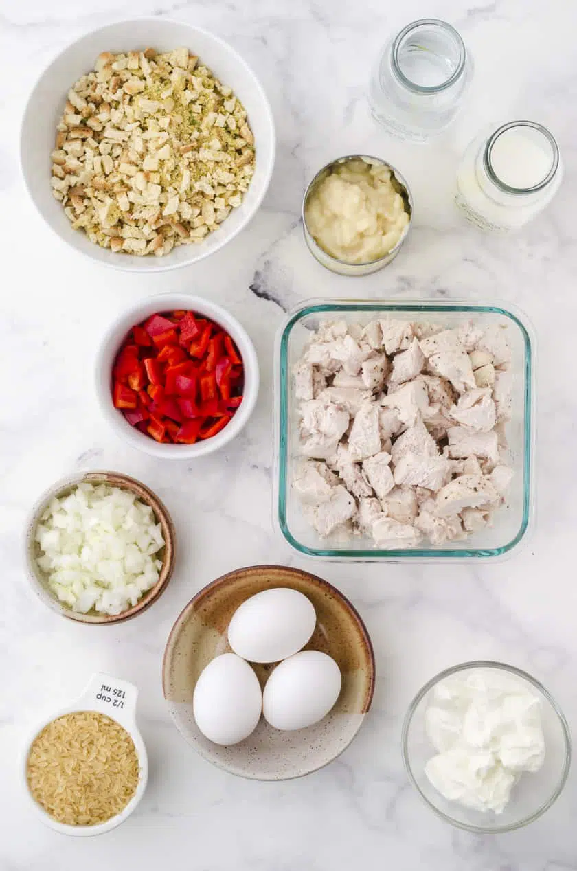 Ingredients for chicken and stuffing casserole with rice