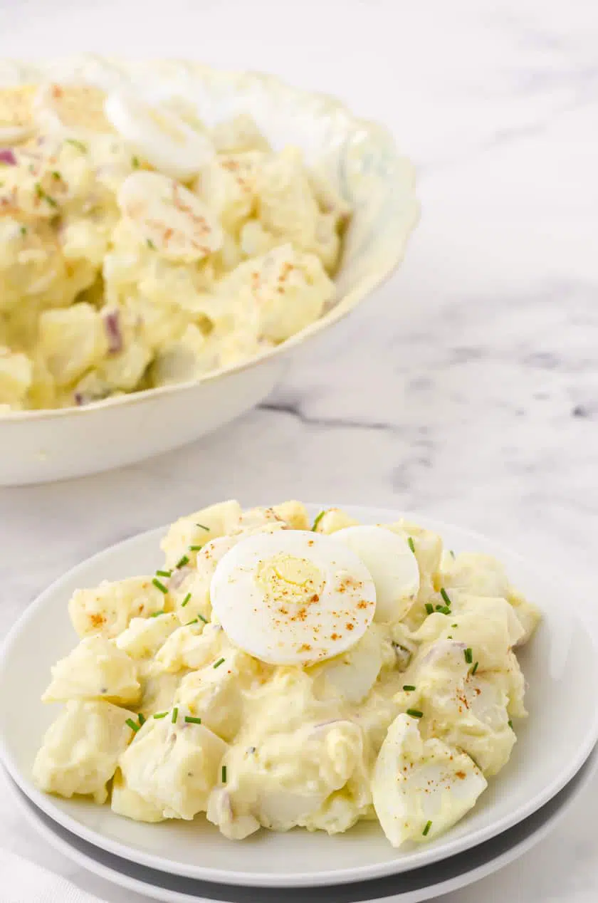serving dish of potato salad