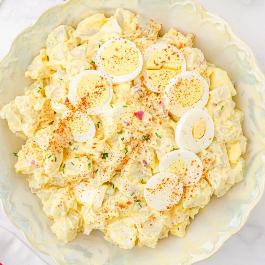 bowl of potato salad with egg and miracle whip