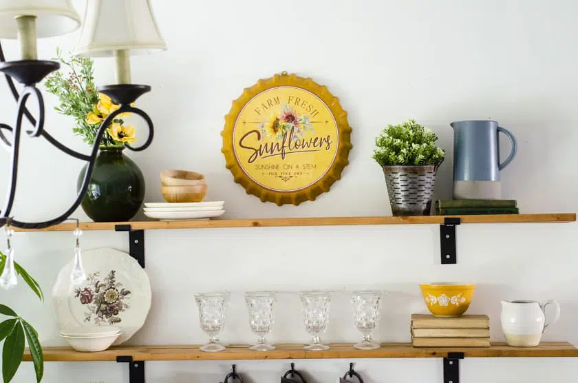 Sunflower yellow decor for fall on Dining Room shelves
