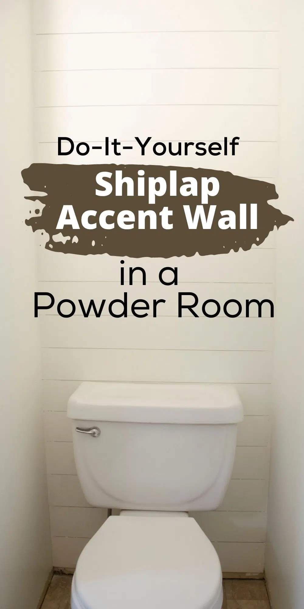 Shiplap accent wall in a powder room bathroom with a toilet in front of it.
