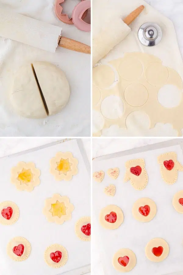 The process steps of making jam sandwich cookies.