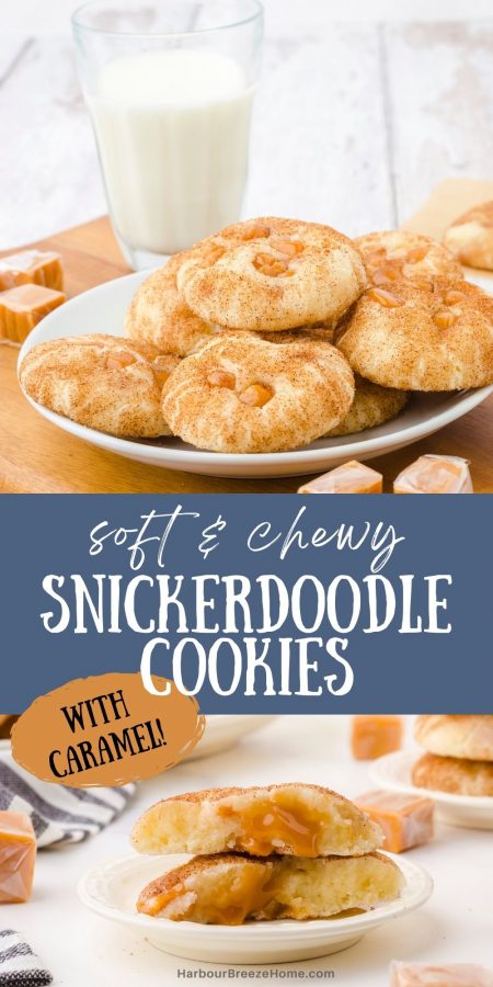 soft and chewy snickerdoodle caramel bits cookies without cream of tartar on a plate