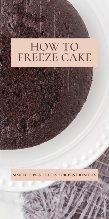 A frozen chocolate cake layer with the words "how to freeze cake" on it