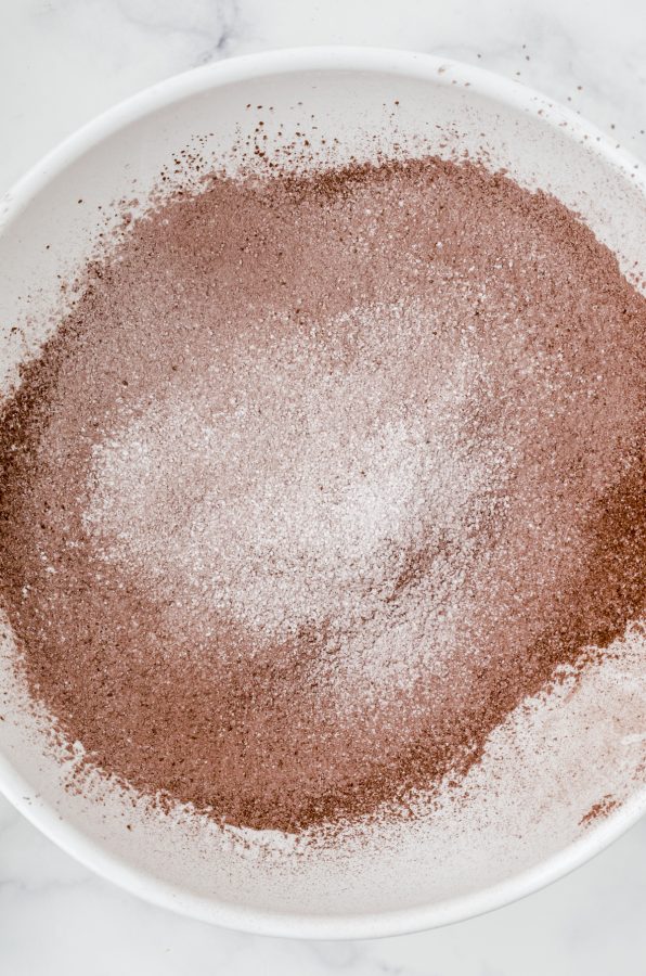 Sifted flour and dry ingredients in a large bowl.