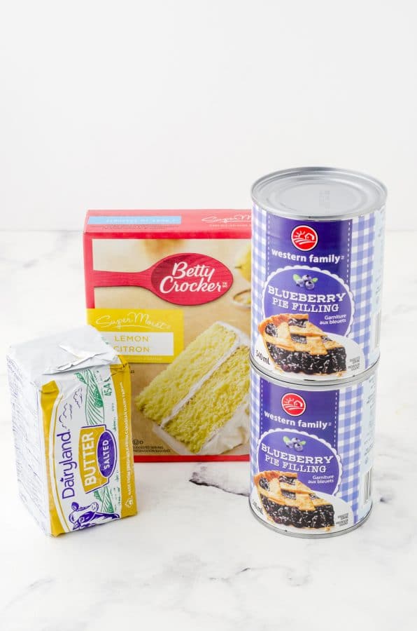 Ingredients for lemon blueberry dump cake.