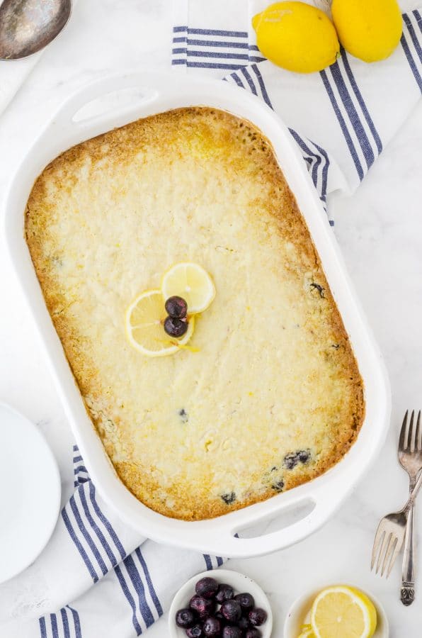 A pan of lemon blueberry cake with blueberry pie filling and lemon cake mix.