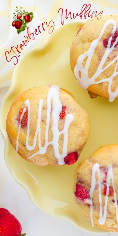 Strawberry muffins with buttermilk and vanilla glaze on a platter with the text "strawberry muffins" on it.