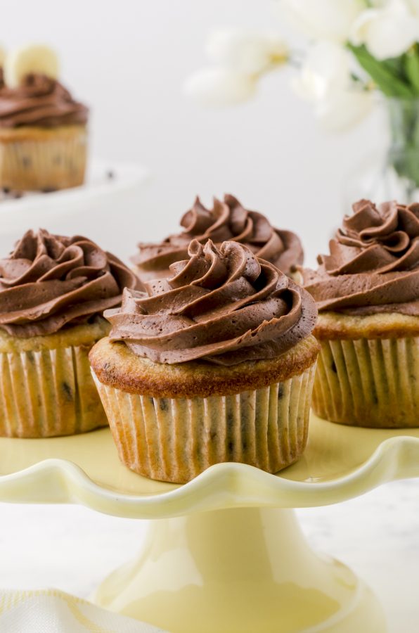 A platter of cupcakes with chocolate frosting that has been piped on using this method for how to frost cupcakes.