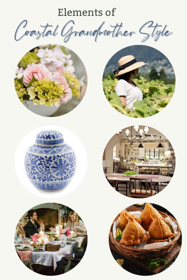 Collage of elements of coastal grandmother style like flowers, white open kitchens, ginger jars, bucket hats, wicker baskets, and dinner parties.